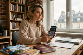Femme dans un appartement parisien consultant l'heure de Tokyo sur son smartphone pour planifier un appel depuis la France
