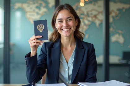Femme souriante tenant un permis de conduire international
