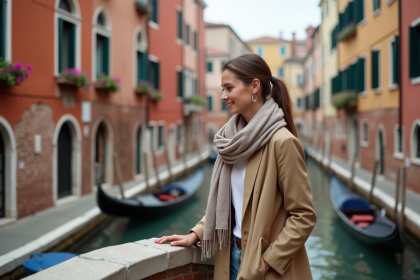 Femme pensant sur un pont à Venise avec façades anciennes