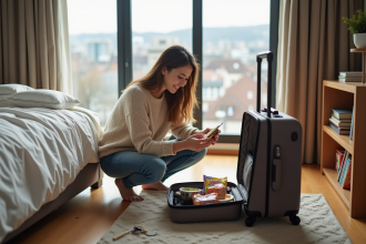 Jeune femme préparant ses sacs de voyage dans une chambre