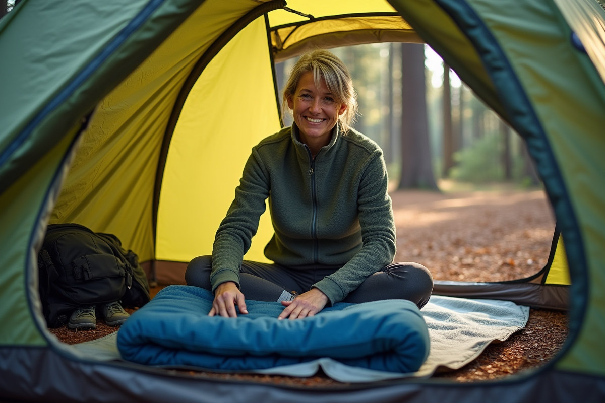 Femme arrangeant une couverture thermique dans une tente