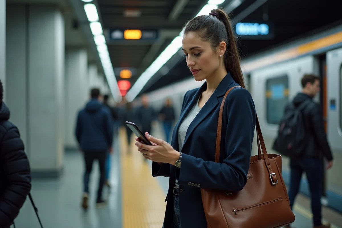 Femme professionnelle montant dans un train de banlieue lors de son trajet domicile-travail quotidien