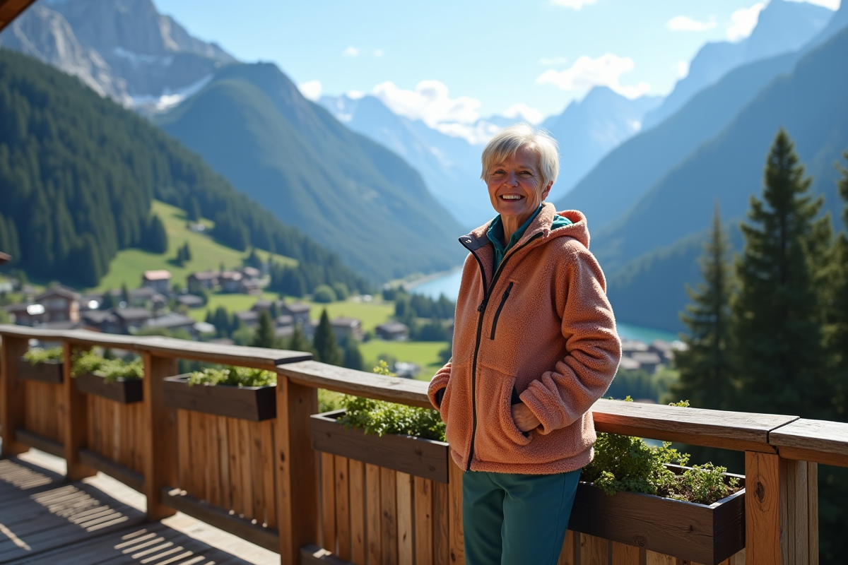 Femme en veste colorée sur une terrasse de montagne