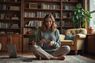 Jeune femme souriante examinant un DVD de film classique dans un salon chaleureux