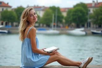 Jeune femme en robe bleue sur la berge du Rhône à Lyon