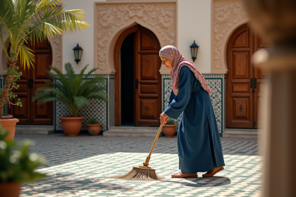 Femme âgée en djellaba dans un riad marocain