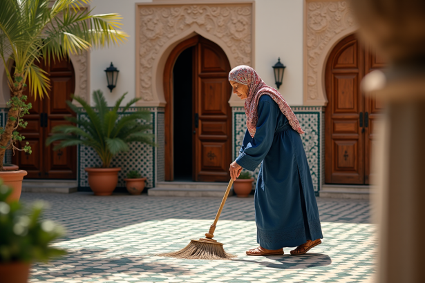 Femme âgée en djellaba dans un riad marocain
