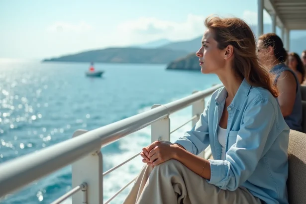 Jeune femme regardant la mer Egée depuis un ferry