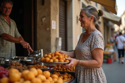 Femme sicilienne souriante servant des arancini dans un marché