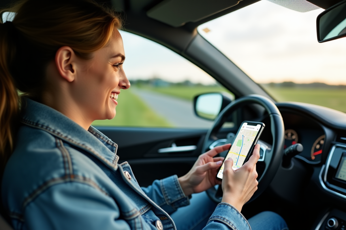 Jeune femme en voiture planifiant un itinéraire avec Google Maps