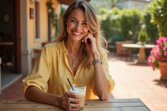 Femme tapant un message sur son smartphone en terrasse de café en vacances, illustrant la question des fautes d'orthographe sur les réseaux sociaux