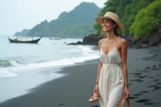 Jeune femme souriante sur la plage de Lovina avec sable noir