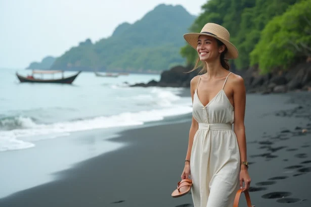 Jeune femme souriante sur la plage de Lovina avec sable noir