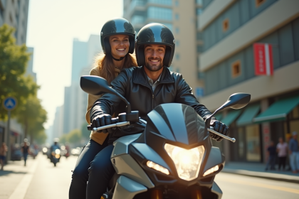 Femme souriante en protection sur une moto urbaine