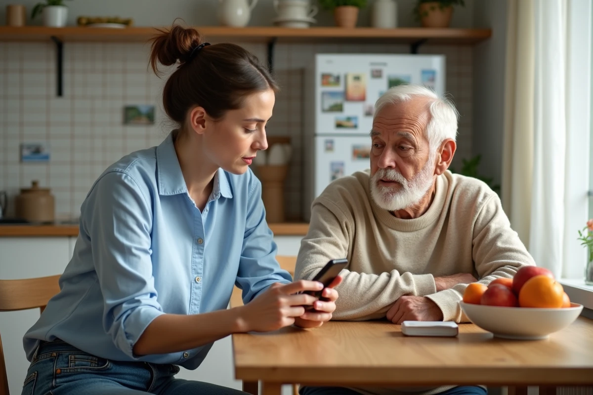 Femme expliquant un téléphone à un homme âgé à la cuisine