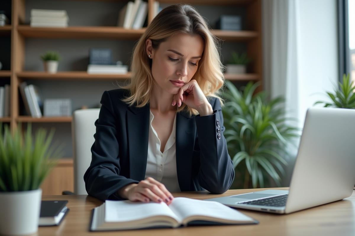 Femme professionnelle en bureau avec dictionnaire bilingue