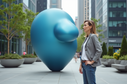 Femme en tenue casual près d'une sculpture bleue urbaine