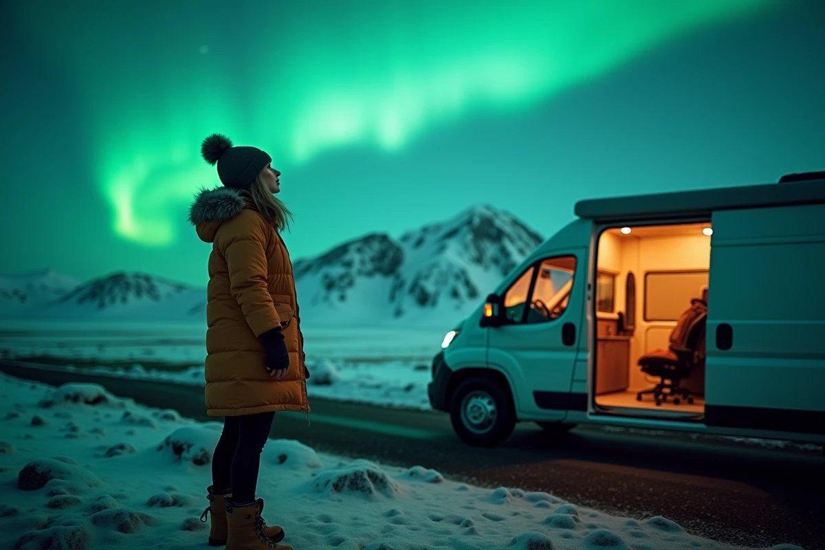 Femme en van aménagé en Islande observant une aurore boréale au bord d'une rivière glacée en hiver
