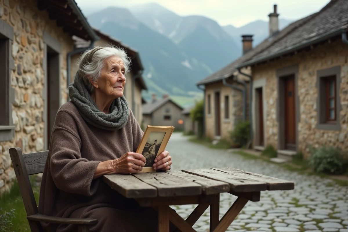 Femme âgée dans un village alpin avec photo souvenir