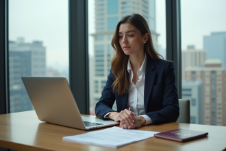 Jeune femme d'affaires vérifiant ses papiers de visa