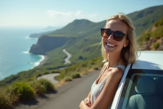 Femme souriante avec voiture à Madeira