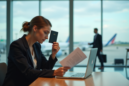 Jeune femme avec passeport dans un lounge aéroport