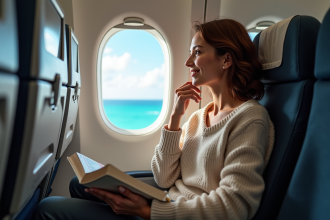 Jeune femme dans l'avion regardant par la fenetre
