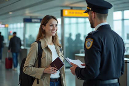 Jeune femme voyageuse parle avec un agent de douane à l'aéroport