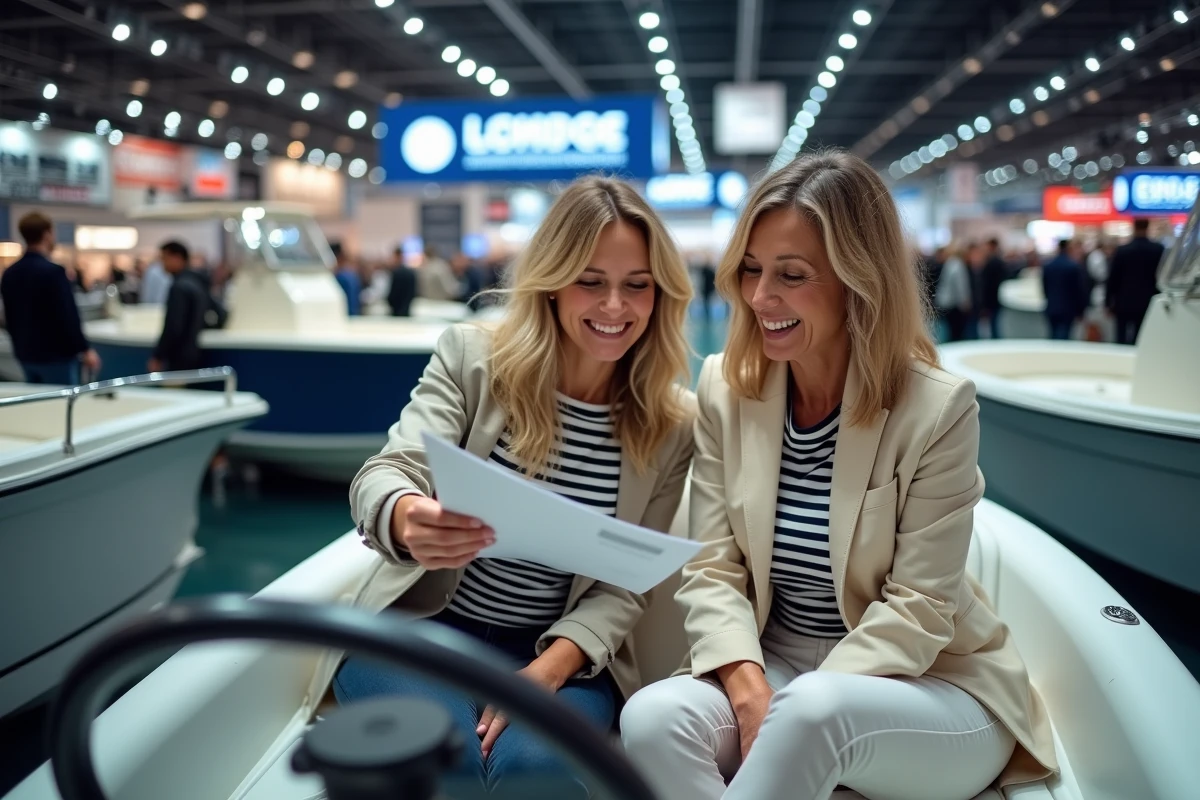 Deux visiteuses assises dans un bateau à moteur exposé au Salon du nautisme de Paris, consultant un catalogue