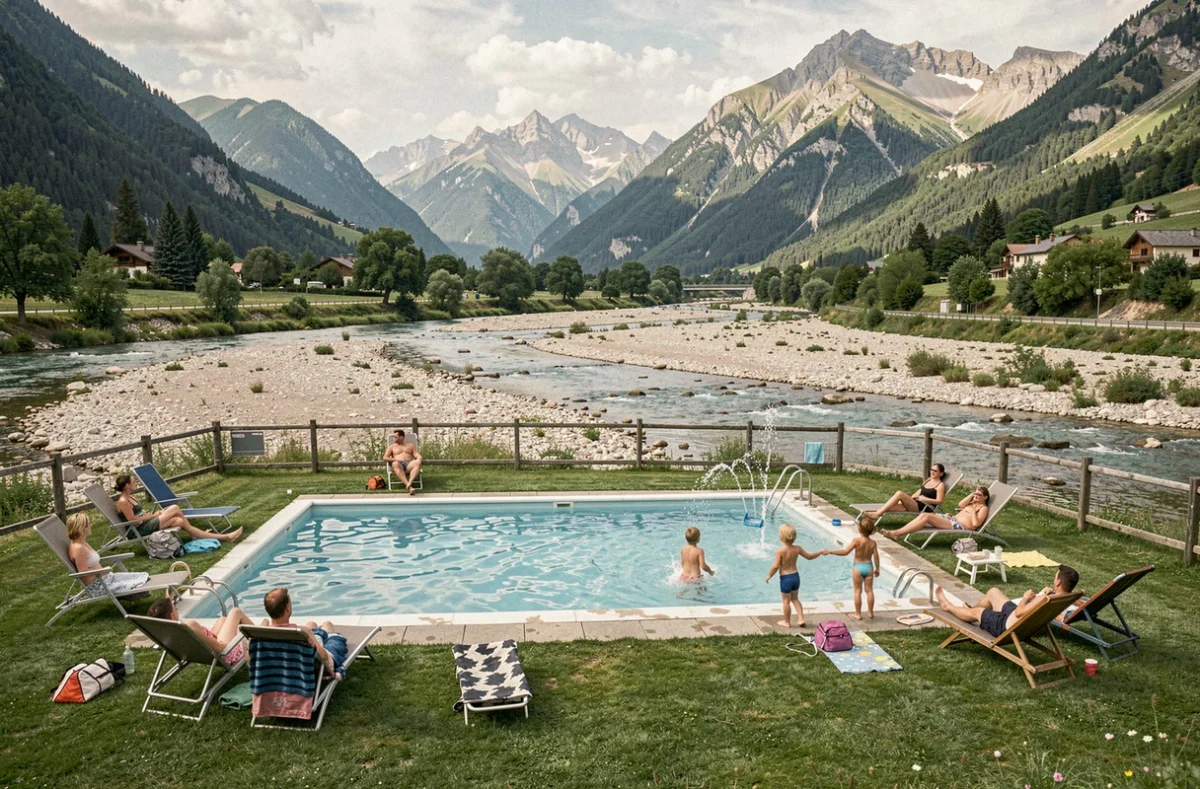 Piscine du Flower Camping La Rivière en Alpes-de-Haute-Provence au bord d'une rivière avec vue sur les collines alpines