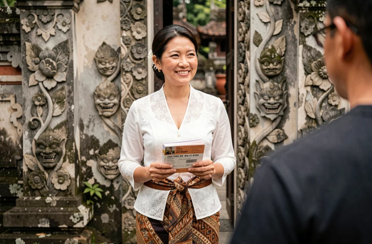 Gardienne du temple Taman Ayun en tenue traditionnelle balinaise distribuant des tickets d'entrée à la porte sculptée