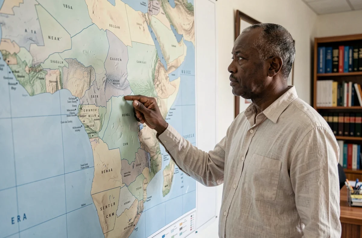 Géographe sénégalais pointant les frontières actuelles du Sénégal sur une carte politique contemporaine fixée au mur d'un bureau