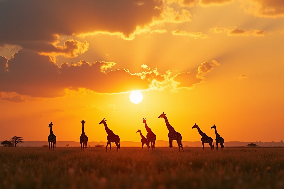 Groupe de girafes broutant sous un ciel au lever du soleil