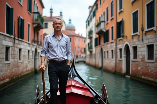Gondolier vénitien traditionnel sur un canal calme