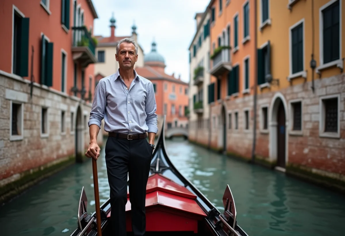 Gondolier vénitien traditionnel sur un canal calme