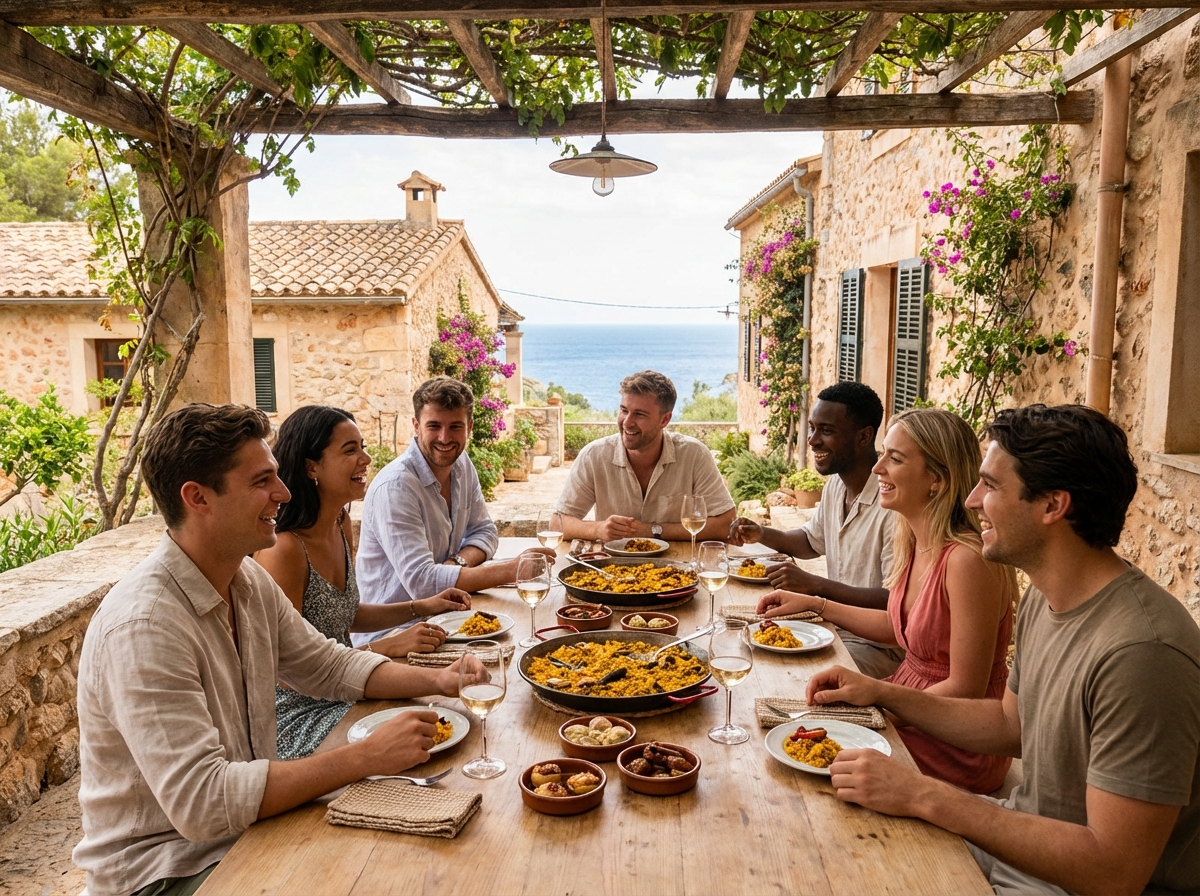 Groupe d amis partageant un repas en plein air en Espagne