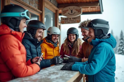 Groupe d'amis skieurs achetant ensemble un forfait de ski pas cher au guichet d'une station alpine
