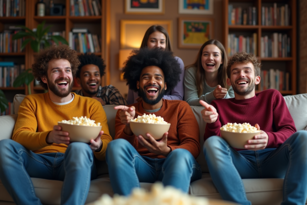 Groupe d amis regardant un film en famille dans un salon