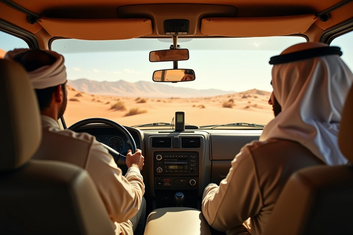 Guide touareg au volant d'un 4x4 traversant les dunes du désert saharien près de Ksar Ghilane