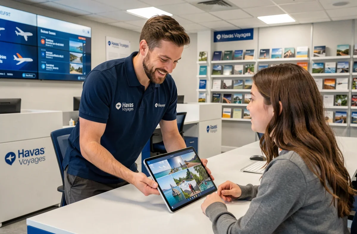 Conseiller de l'agence Havas Voyages Belfort montrant des destinations sur tablette à un jeune couple dans un bureau contemporain