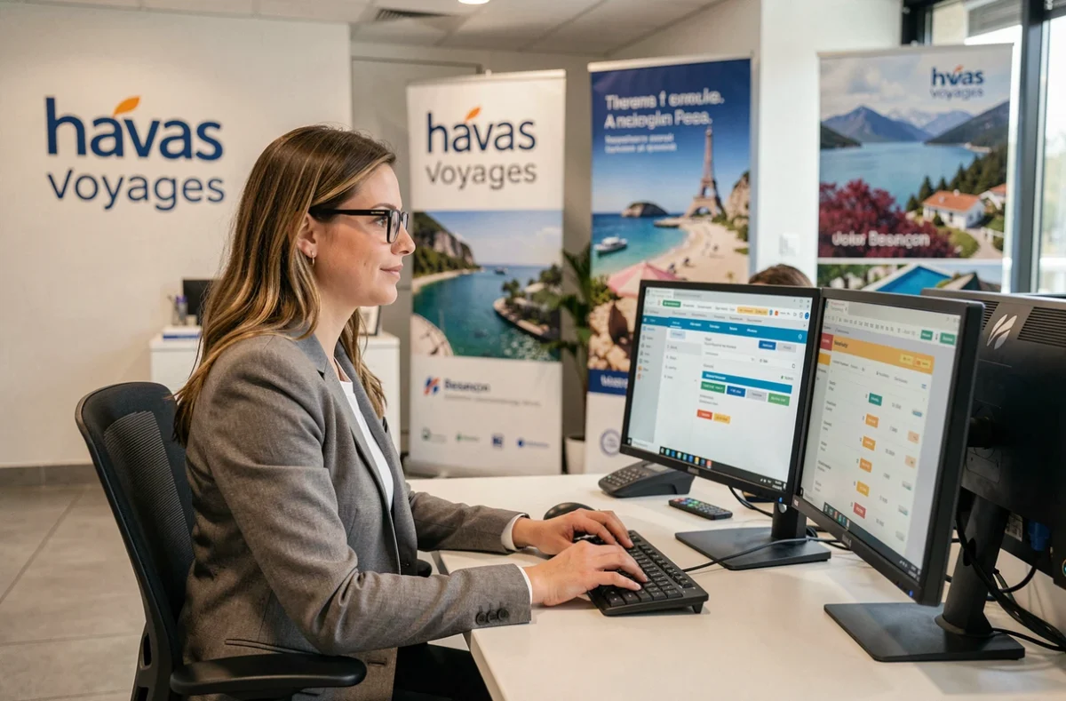 Conseillère de l'agence Havas Voyages Besançon travaillant sur ordinateur dans un bureau moderne aux couleurs de la marque