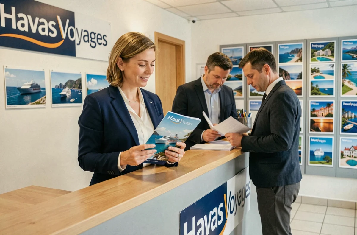 Conseillère de l'agence Havas Voyages Vesoul présentant un catalogue de croisières à un client au comptoir d'accueil