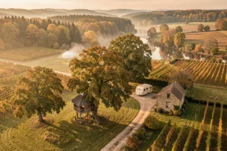 Vue panoramique de la Bourgogne-Franche-Comté avec des hébergements insolites dispersés dans un paysage automnal vallonné