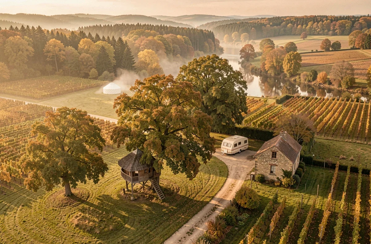 Vue panoramique de la Bourgogne-Franche-Comté avec des hébergements insolites dispersés dans un paysage automnal vallonné