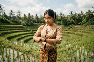 Femme balinaise en tenue traditionnelle regardant sa montre dans les rizières d'Ubud, illustrant le rapport au temps à Bali
