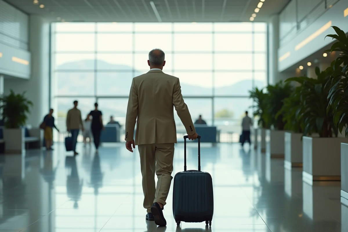 Homme avec valise dans hall d