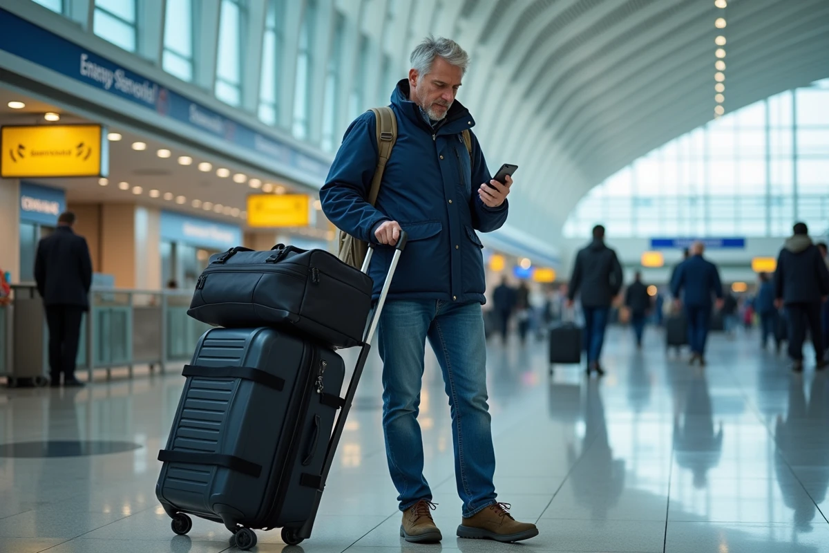 Homme d'âge moyen vérifiant son smartphone à Gatwick