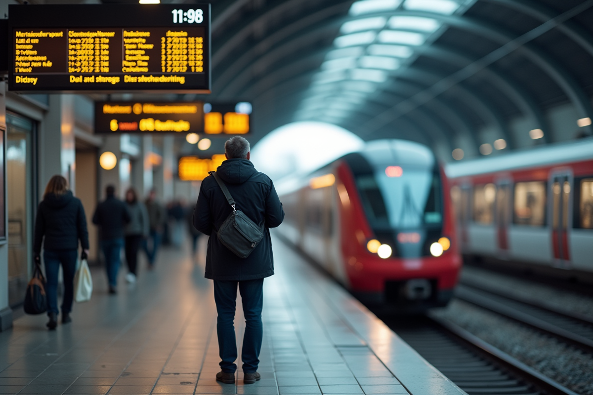 Homme vérifiant un horaire dans une gare moderne
