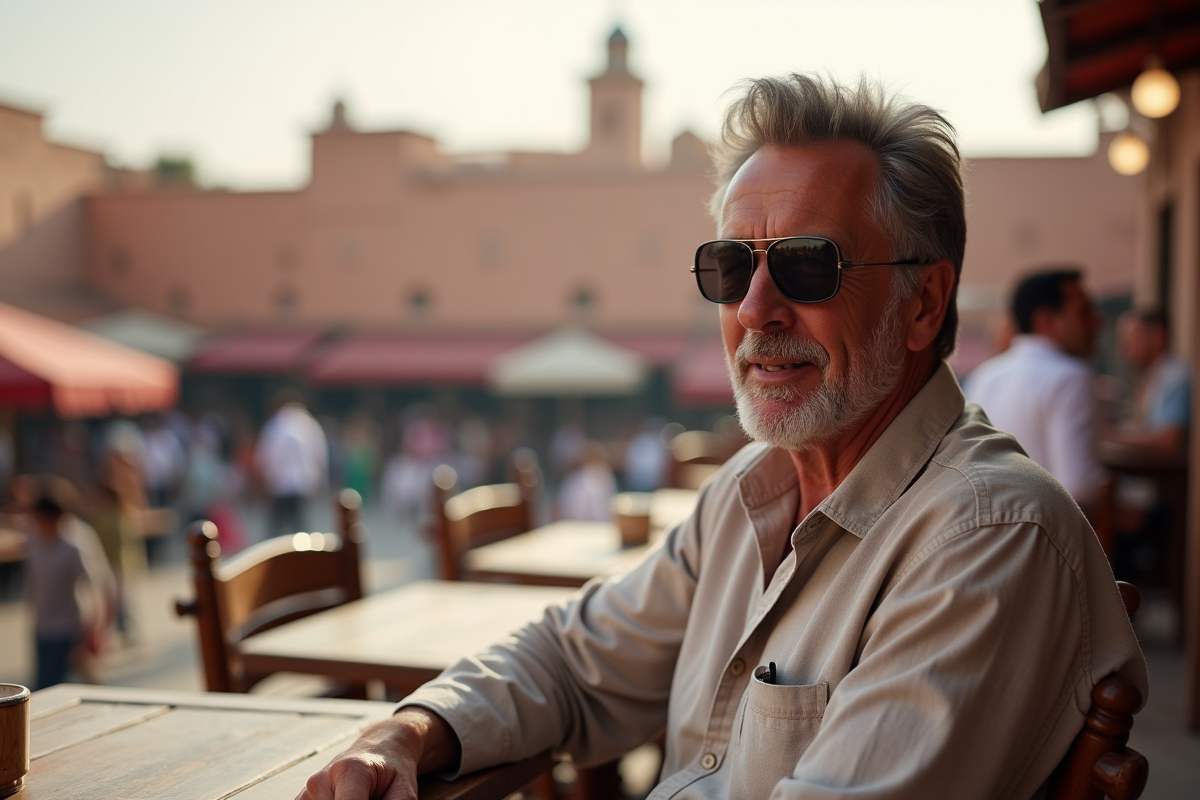 Homme en terrasse de café à Marrakech avec vue sur Jemaa elFnaa