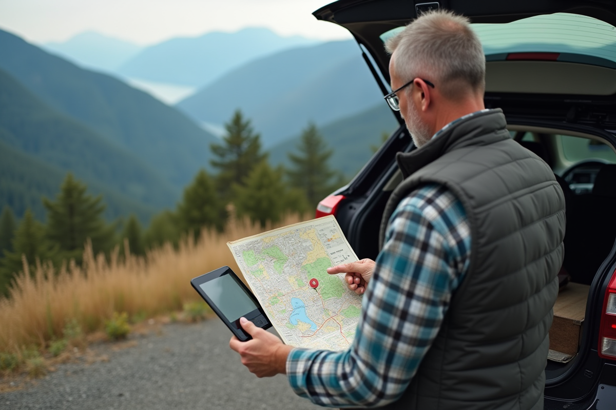 Homme regardant une carte au scenic overlook avec vue montagne